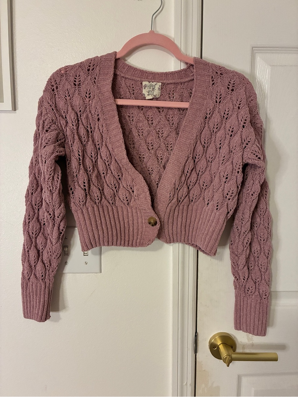 Hippie Rose Dusty Rose Open-Knit Cropped Cardigan
